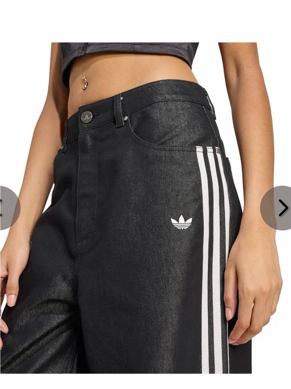 adidas originals baggy shiny Black Wide-Leg Jeans with White Side Stripes - Picture 3 of 7